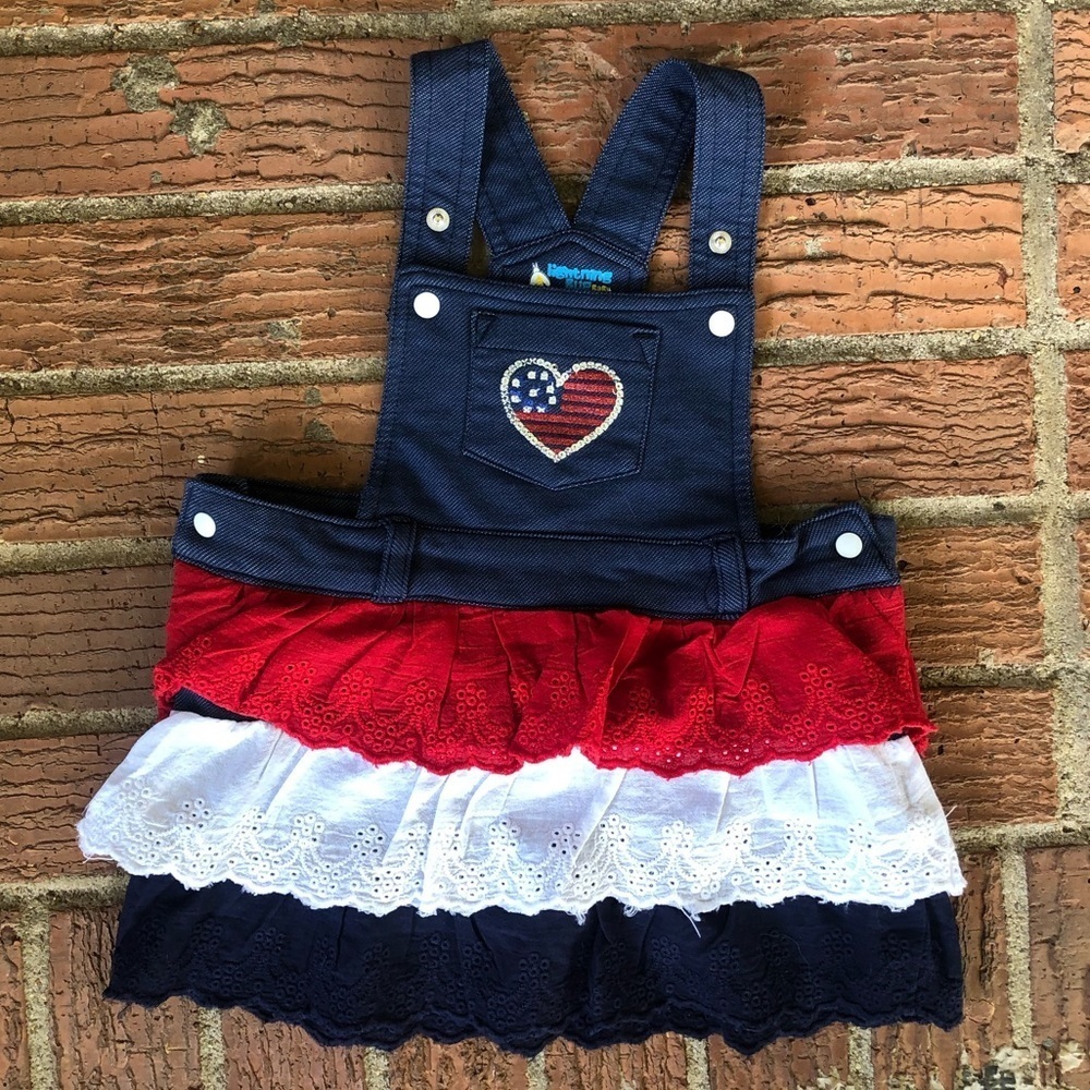 Lightning Bug Baby Denim Jumper Tiered Red White & Blue Eyelet Ruffles 18 Months